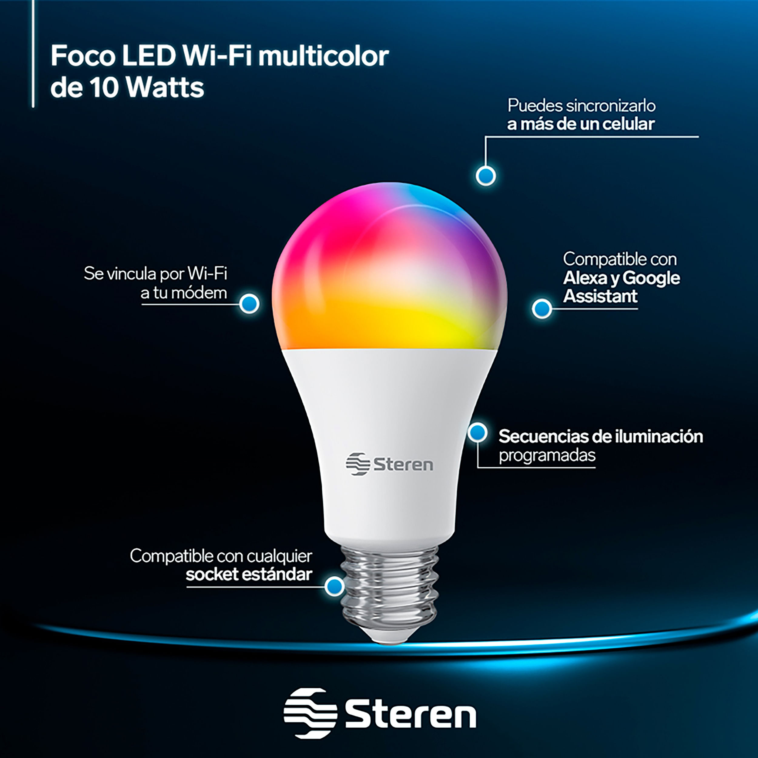 Foco LED Wi-Fi RGB+W multicolor de 10 W - Steren Colombia