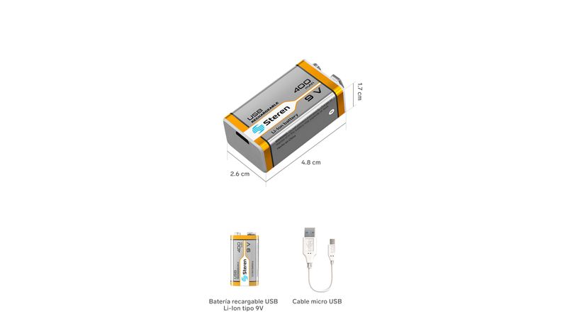 Batería recargable USB Li-Ion tipo 9V (cuadrada), de 400 mAh - Steren  Colombia
