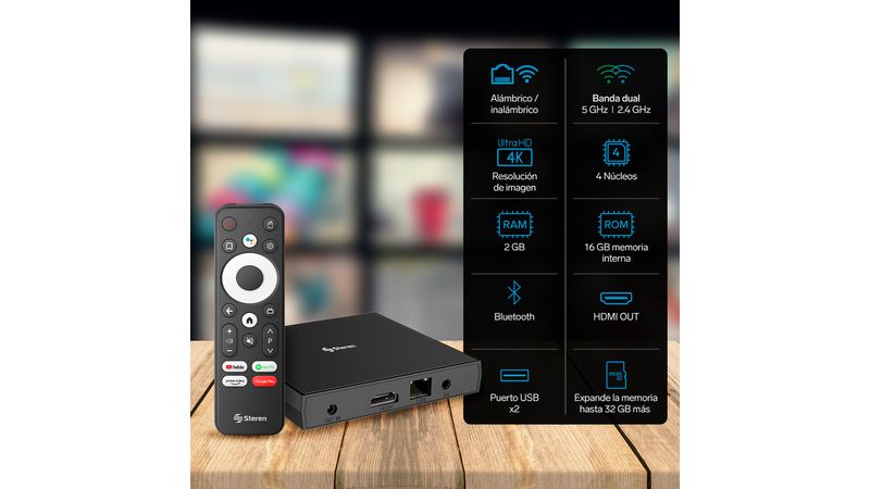 STEREN INTV-1000 Caja Smart TV Box Android / Chromecast Built In, 4K UHD,  RAM 2GB y 16GB Almacenamiento, Google Assistant, Bluetooth, Control Voz