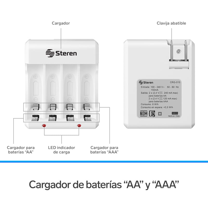 Cargador de pilas AA y AAA Steren. Incluye 4 pilas AA recargables. Steren  CRG-015